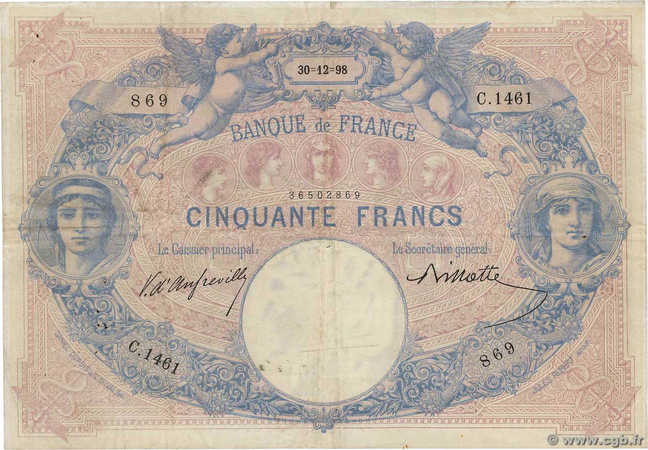 50 Francs BLEU ET ROSE FRANCE  1898 F.14.10 F+