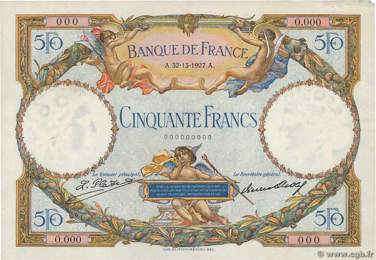 50 Francs LUC OLIVIER MERSON Spécimen FRANCE  1927 F.15.01S AU