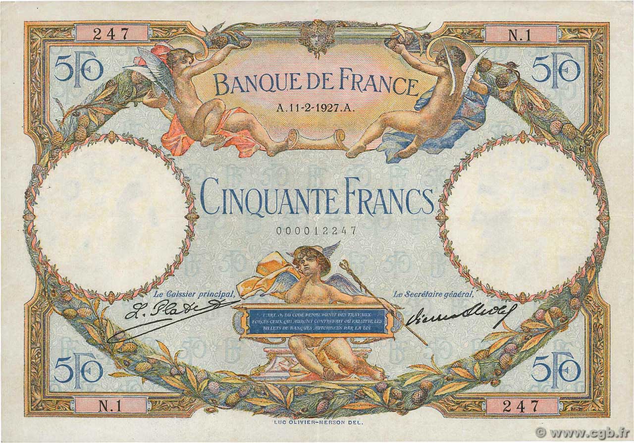 50 Francs LUC OLIVIER MERSON Petit numéro FRANCIA  1927 F.15.01 q.SPL