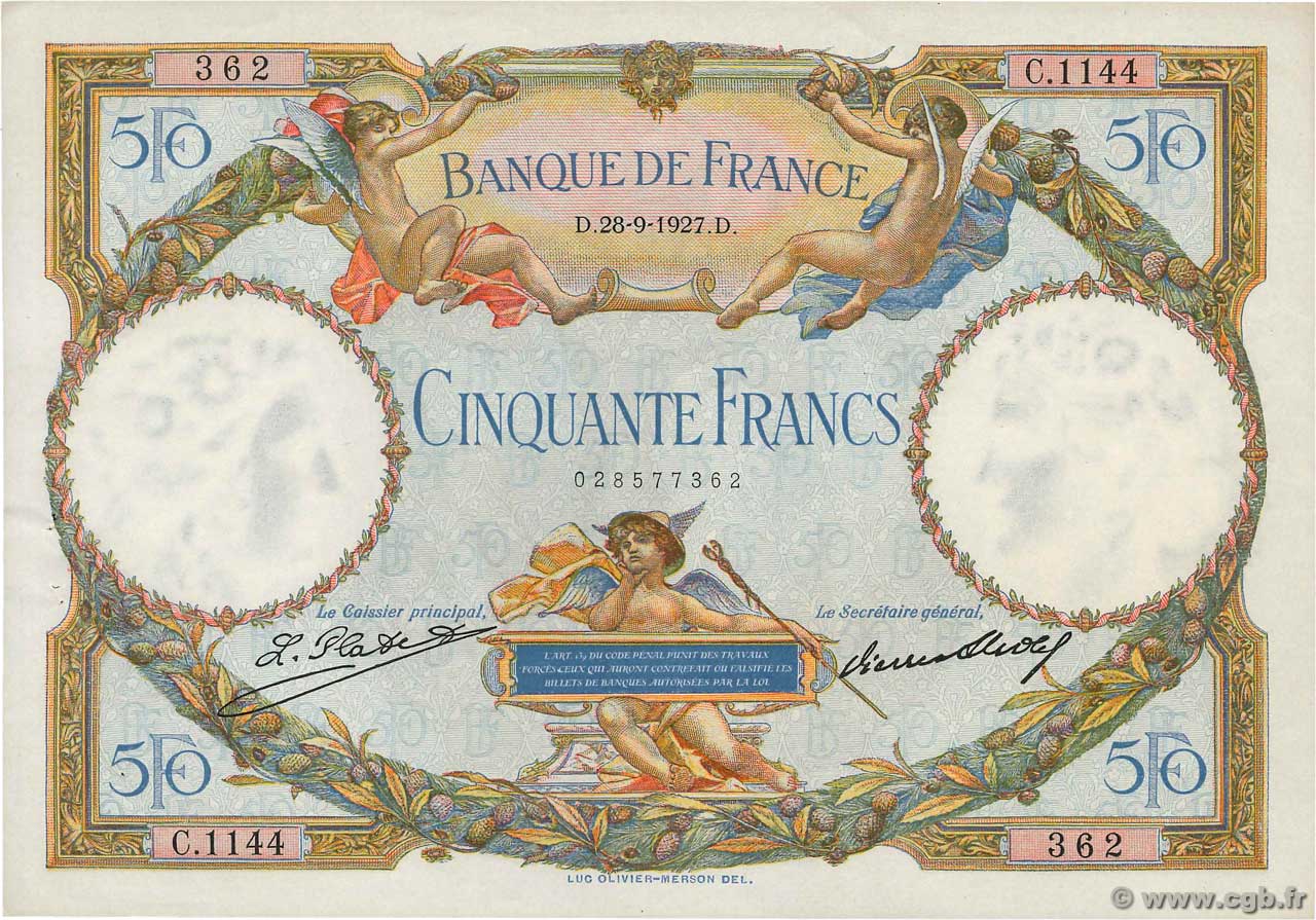 50 Francs LUC OLIVIER MERSON FRANKREICH  1927 F.15.01 VZ