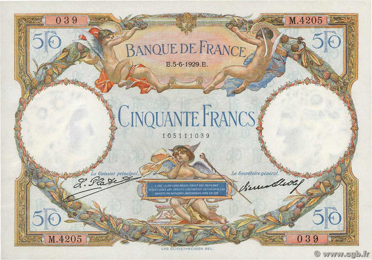 50 Francs LUC OLIVIER MERSON FRANCE  1929 F.15.03 XF - AU
