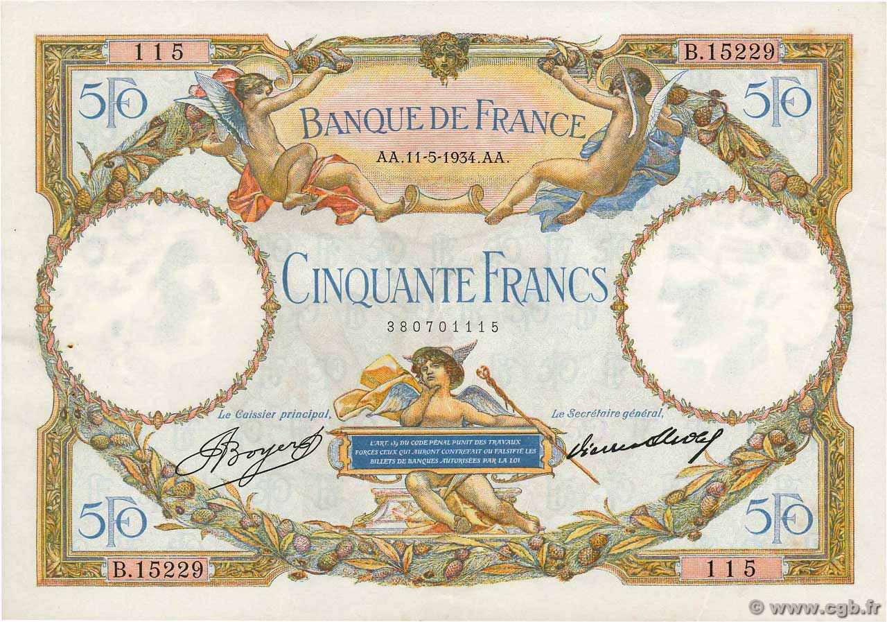 50 Francs LUC OLIVIER MERSON type modifié FRANCE  1934 F.16.05 SUP+