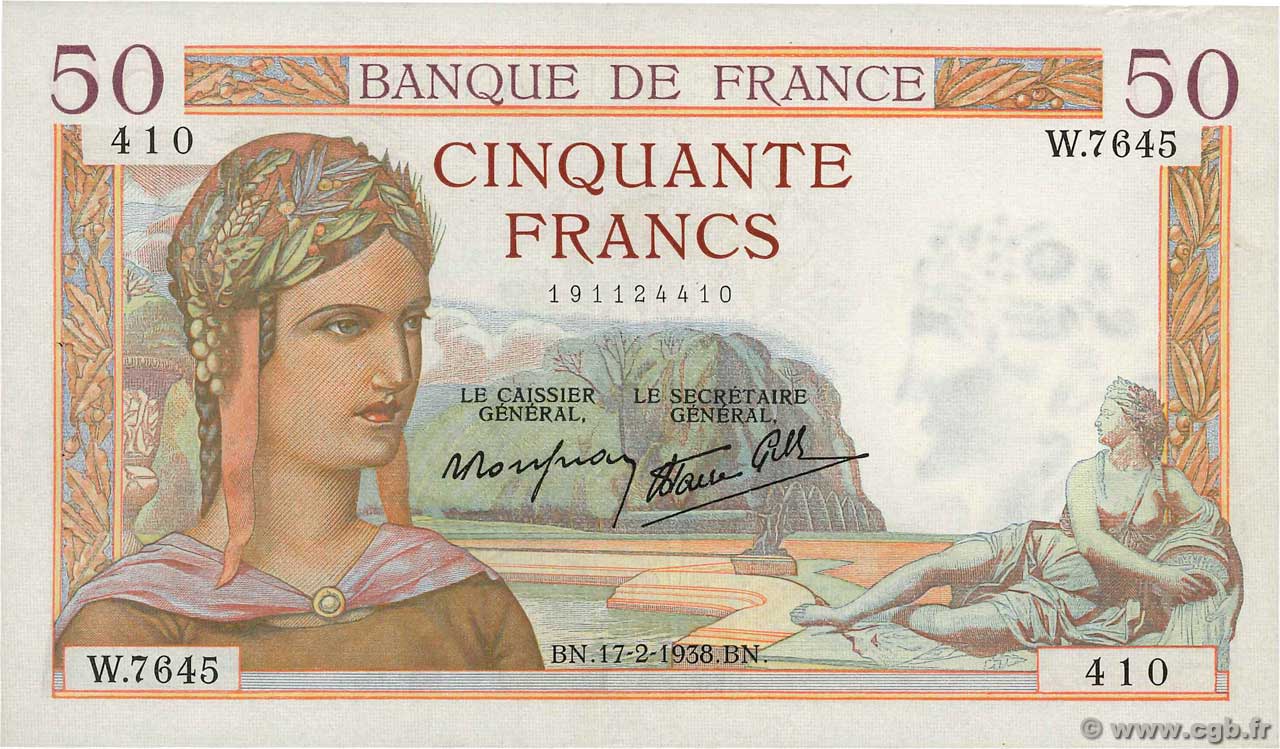 50 Francs CÉRÈS modifié FRANKREICH  1938 F.18.09 VZ+