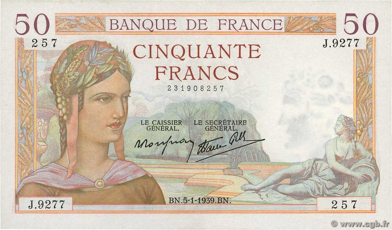 50 Francs CÉRÈS modifié FRANCE  1939 F.18.19 AU