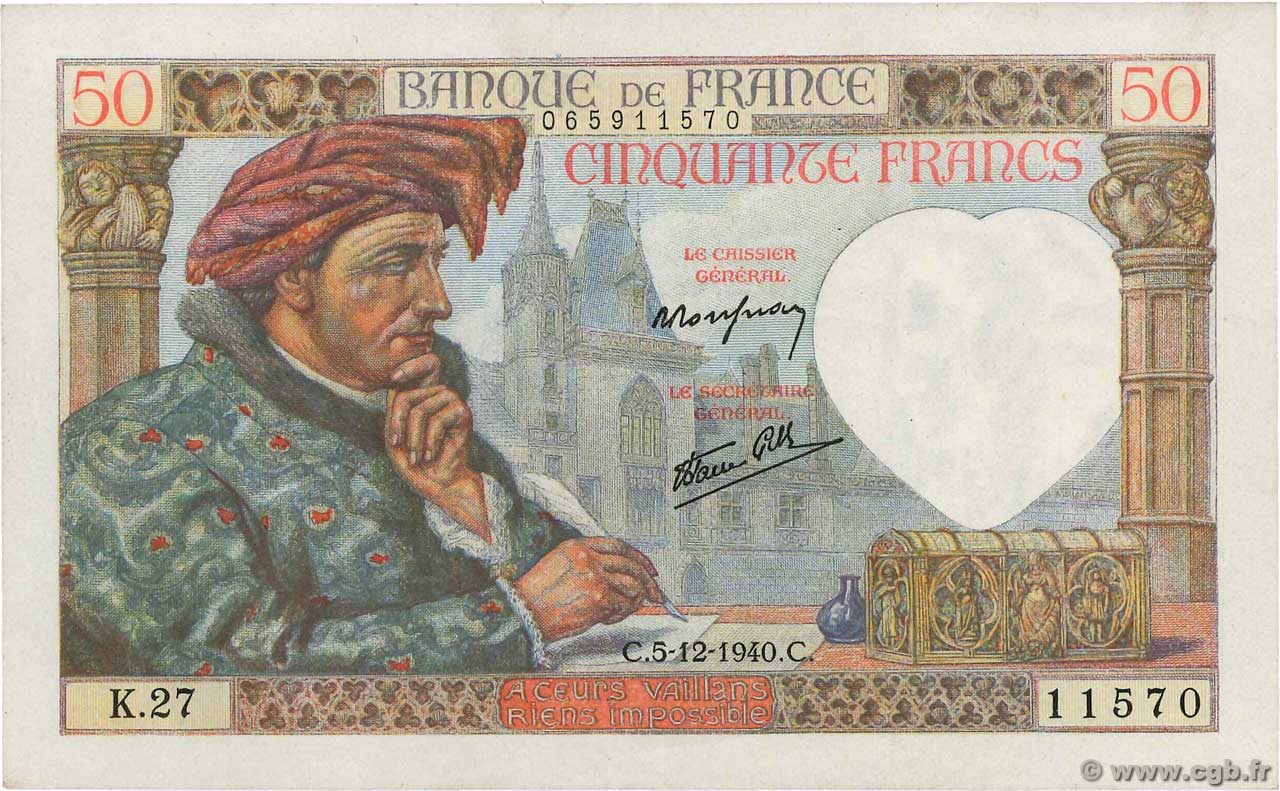 50 Francs JACQUES CŒUR FRANCE  1940 F.19.04 SPL