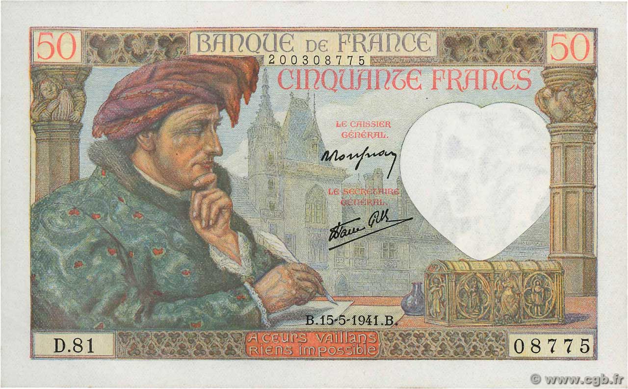 50 Francs JACQUES CŒUR FRANCIA  1941 F.19.11 SC+