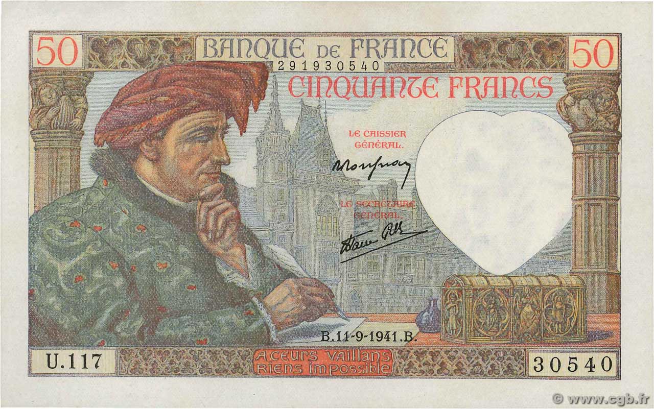 50 Francs JACQUES CŒUR FRANCIA  1941 F.19.14 SC+