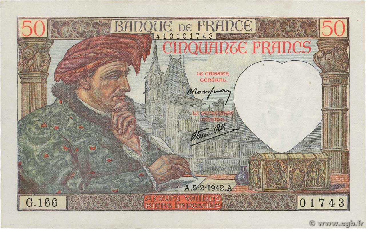 50 Francs JACQUES CŒUR FRANCE  1942 F.19.19 pr.SUP