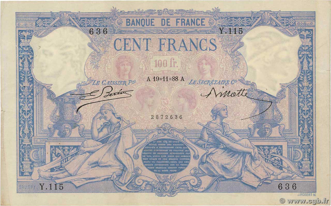 100 Francs BLEU ET ROSE FRANKREICH  1888 F.21.01 fVZ