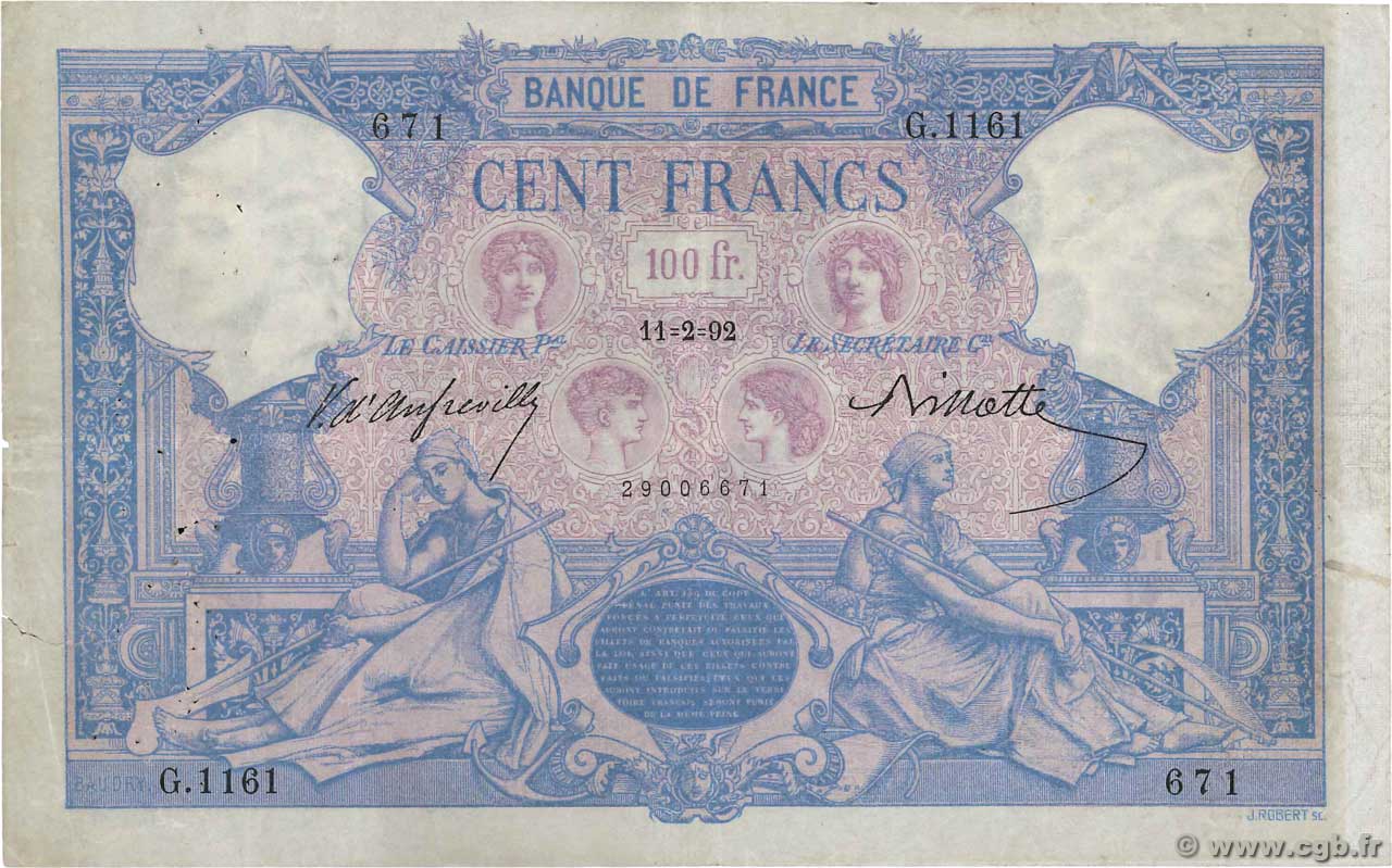 100 Francs BLEU ET ROSE FRANKREICH  1892 F.21.05 fS
