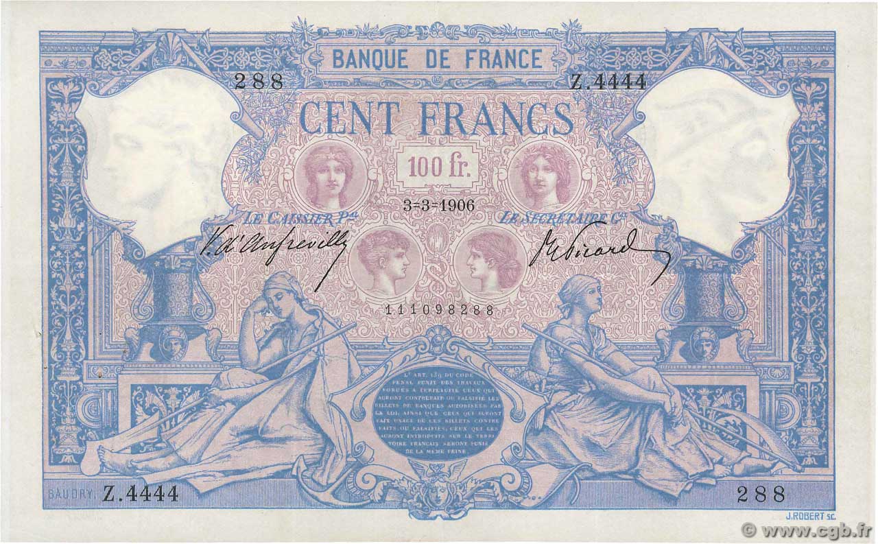 100 Francs BLEU ET ROSE FRANKREICH  1906 F.21.20 fVZ