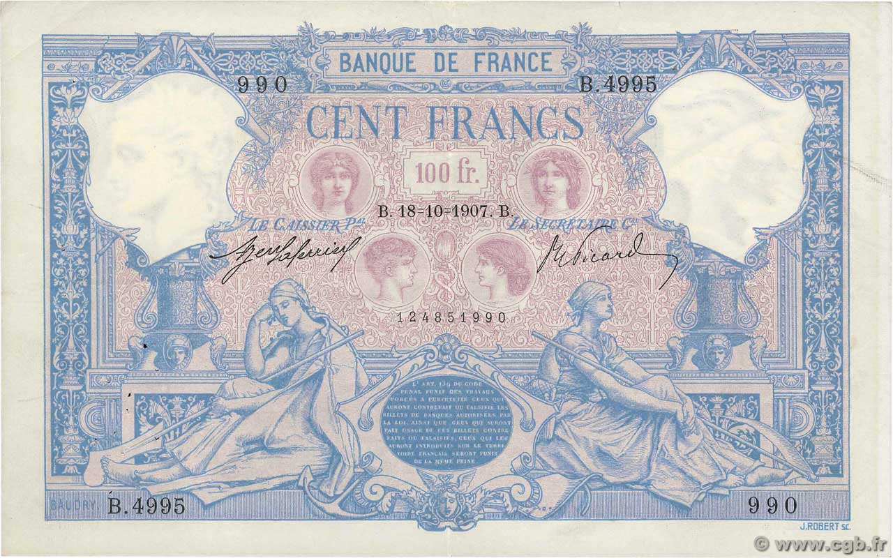 100 Francs BLEU ET ROSE FRANCE  1907 F.21.22 TTB+