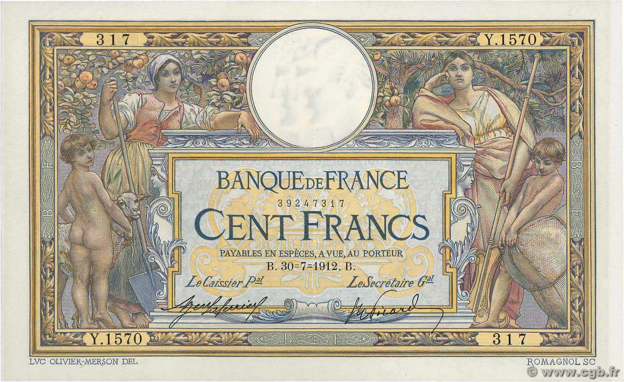 100 Francs LUC OLIVIER MERSON sans LOM FRANKREICH  1912 F.23.04 VZ