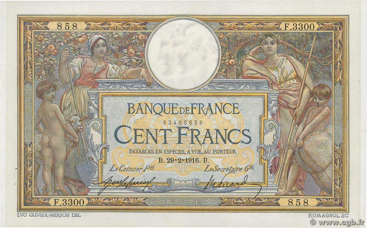 100 Francs LUC OLIVIER MERSON sans LOM FRANCE  1916 F.23.08 XF+