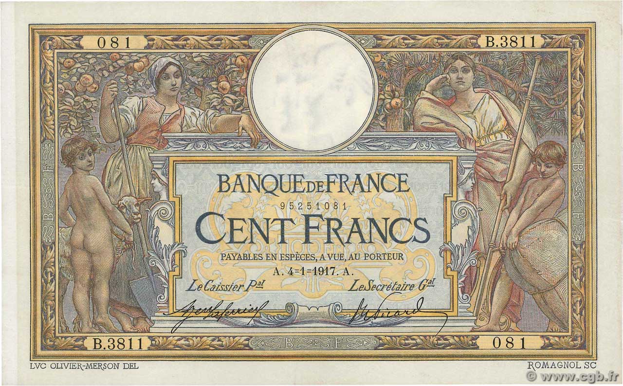100 Francs LUC OLIVIER MERSON sans LOM FRANCE  1917 F.23.09 SUP+