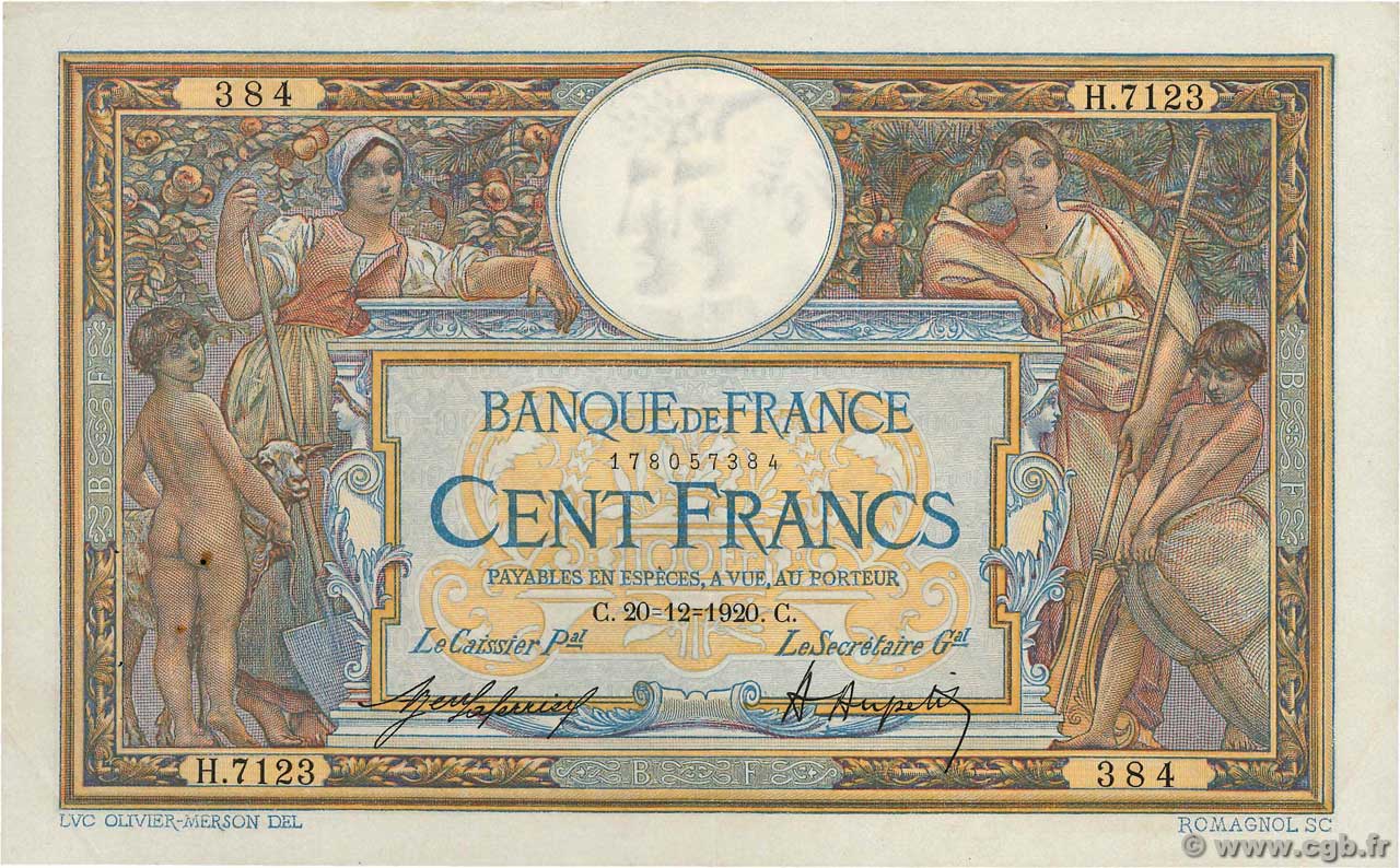 100 Francs LUC OLIVIER MERSON sans LOM FRANCE  1920 F.23.13 TTB+ à SUP