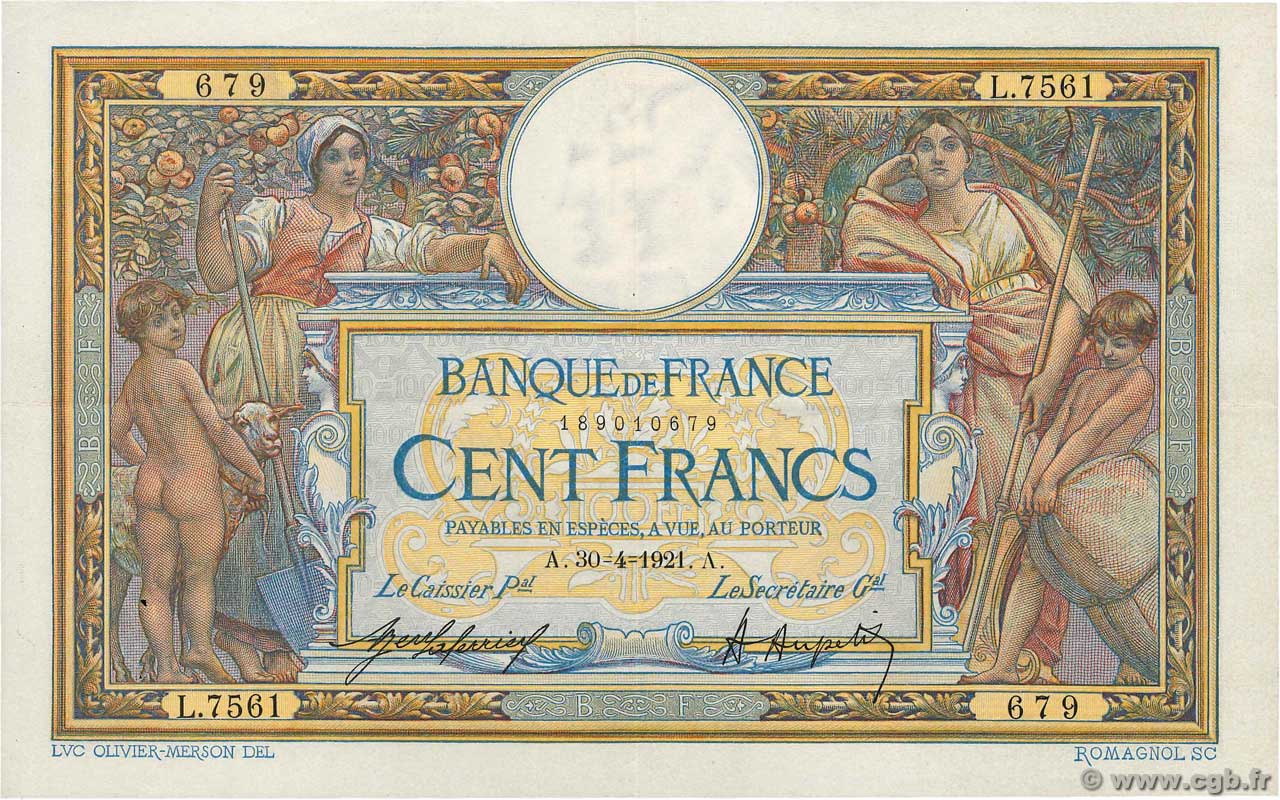 100 Francs LUC OLIVIER MERSON sans LOM FRANCIA  1921 F.23.14 SPL+