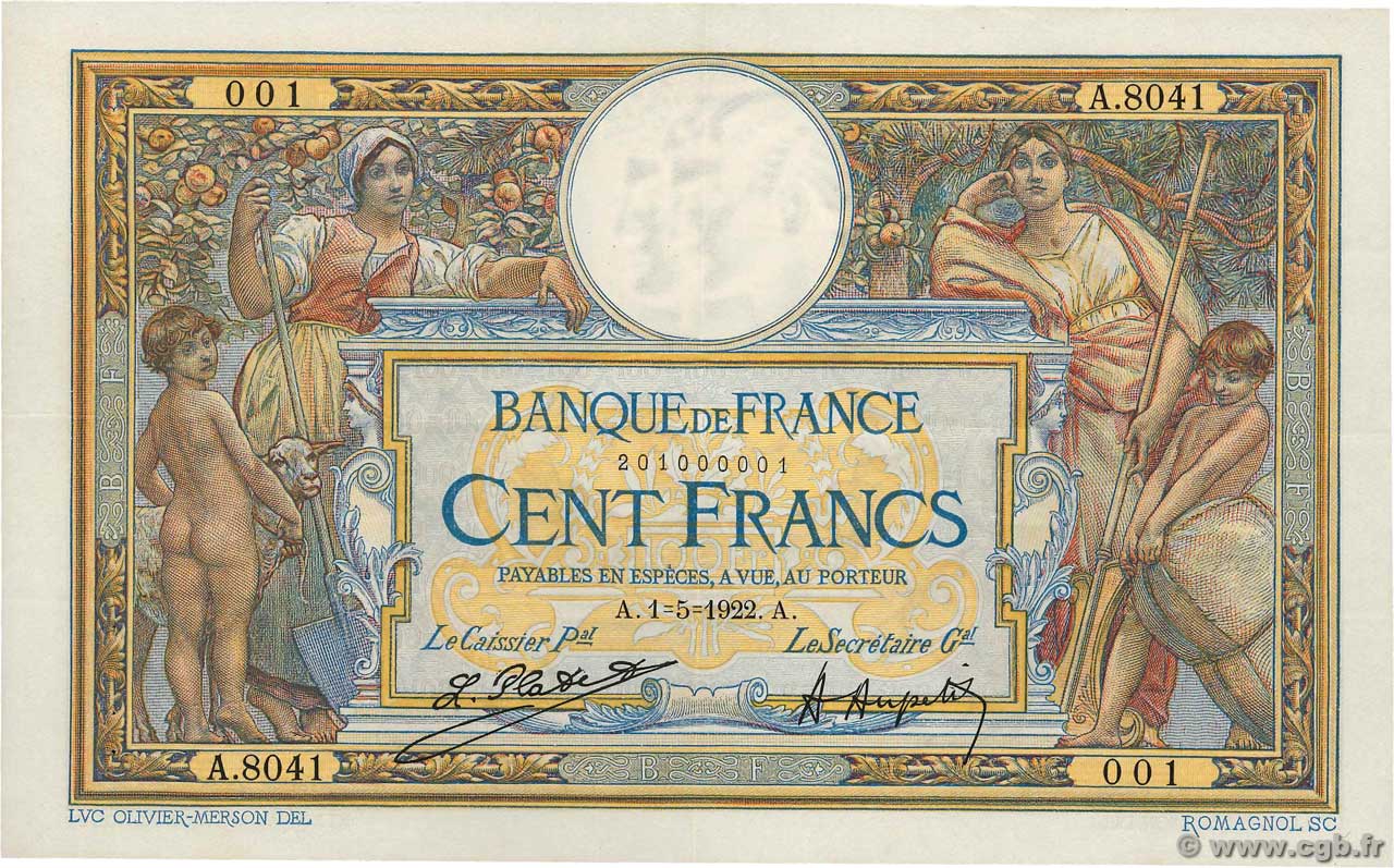 100 Francs LUC OLIVIER MERSON sans LOM Petit numéro FRANCE  1922 F.23.15 SUP+