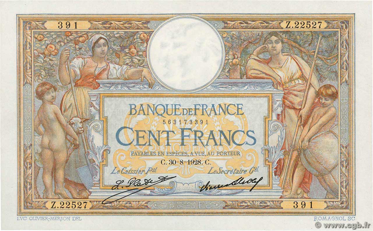 100 Francs LUC OLIVIER MERSON grands cartouches FRANCE  1928 F.24.07 UNC-