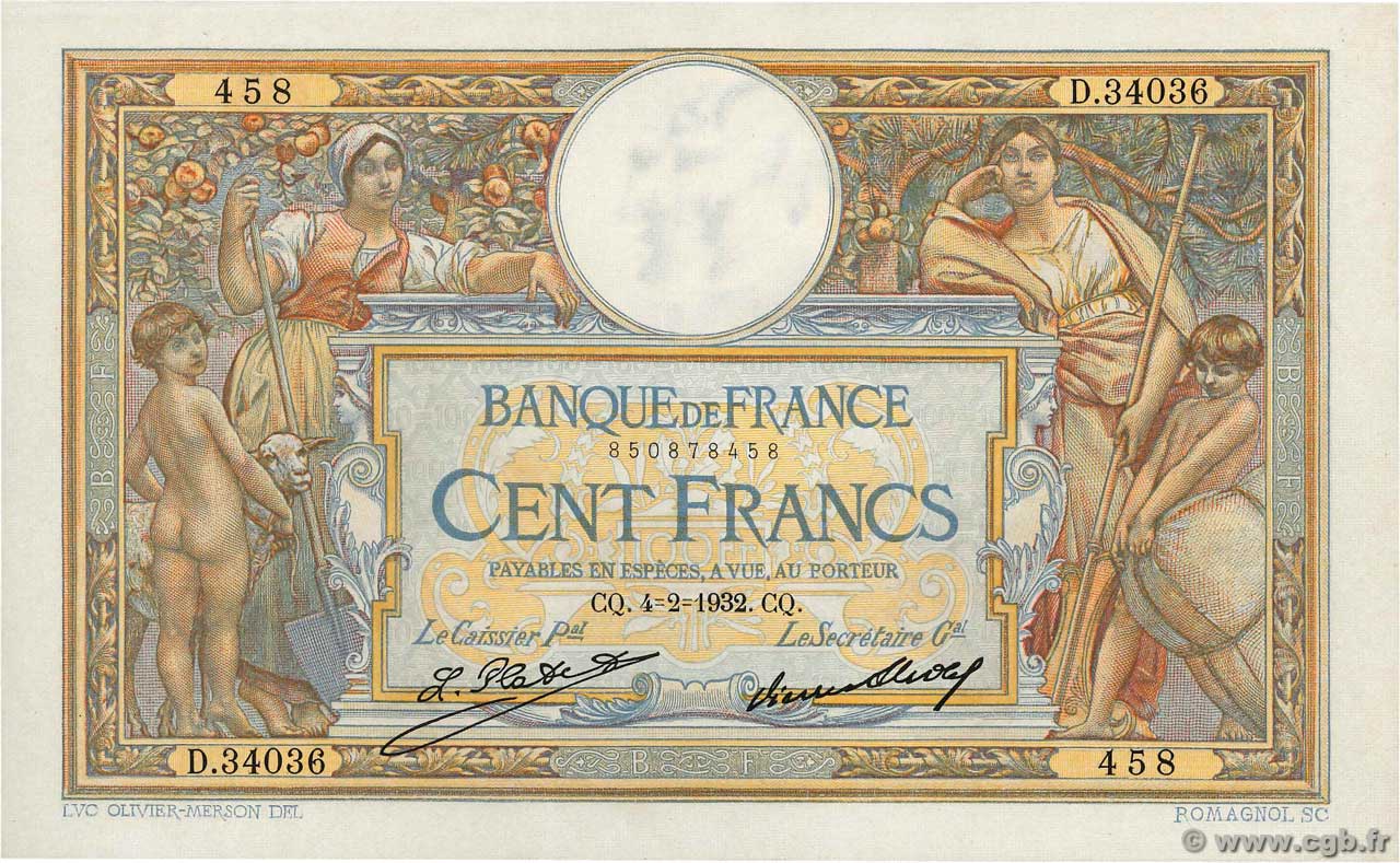 100 Francs LUC OLIVIER MERSON grands cartouches FRANCE  1932 F.24.11 UNC-