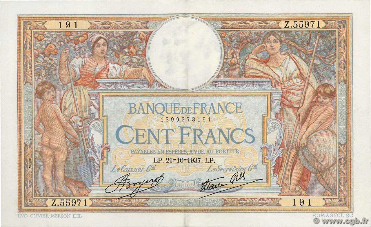 100 Francs LUC OLIVIER MERSON type modifié FRANCIA  1937 F.25.03 SPL