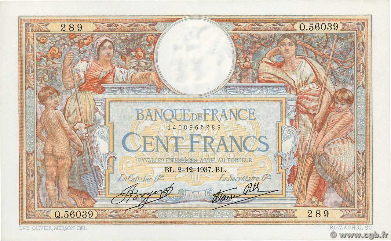 100 Francs LUC OLIVIER MERSON type modifié FRANCIA  1937 F.25.04 q.FDC