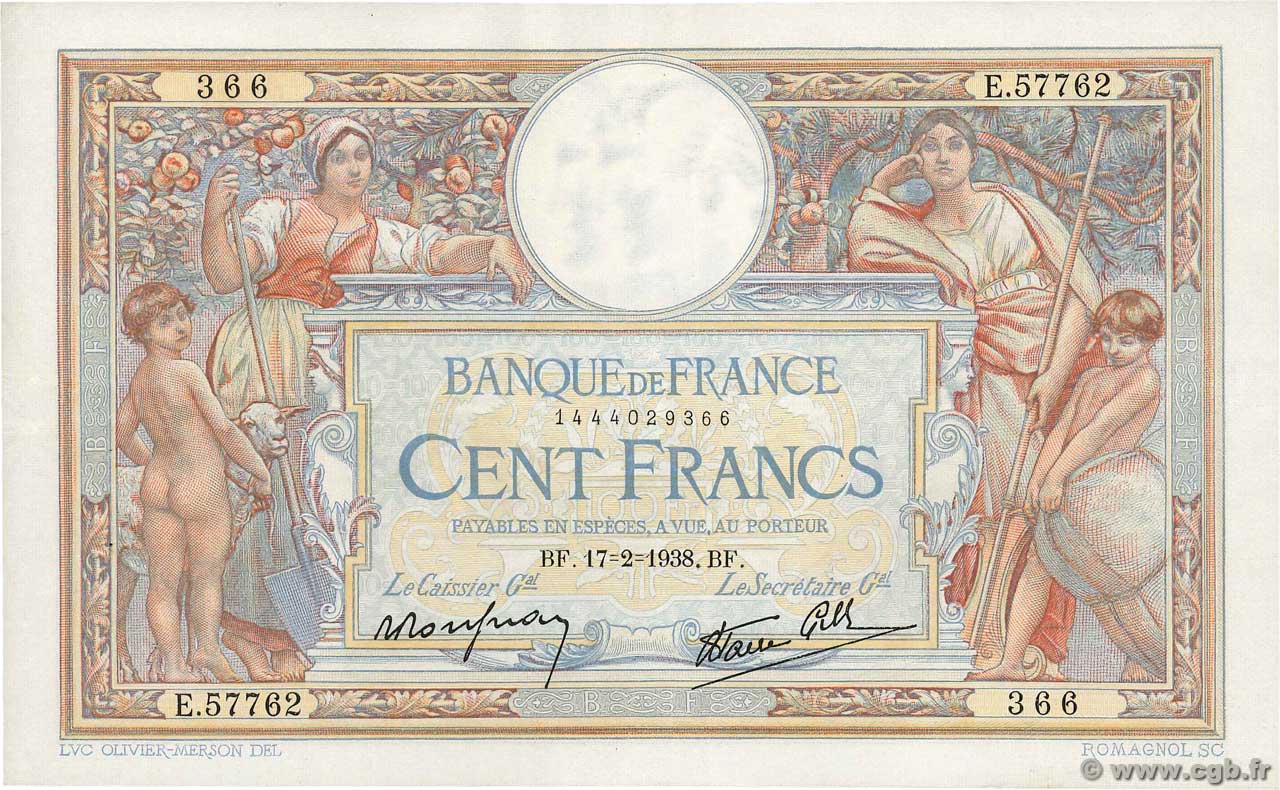 100 Francs LUC OLIVIER MERSON type modifié FRANCIA  1938 F.25.11 EBC