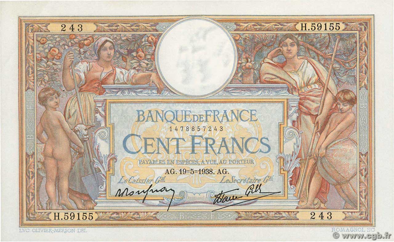100 Francs LUC OLIVIER MERSON type modifié FRANCE  1938 F.25.19 SUP+