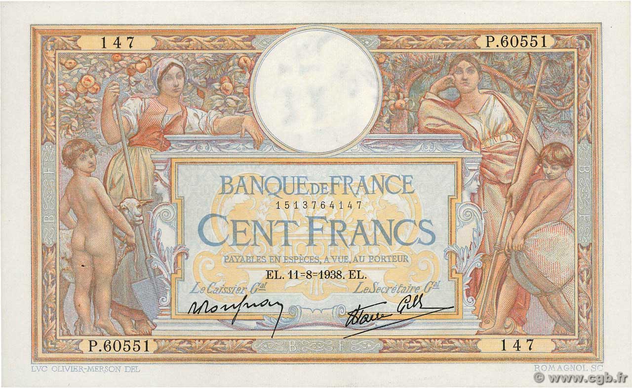 100 Francs LUC OLIVIER MERSON type modifié FRANCE  1938 F.25.28 SPL