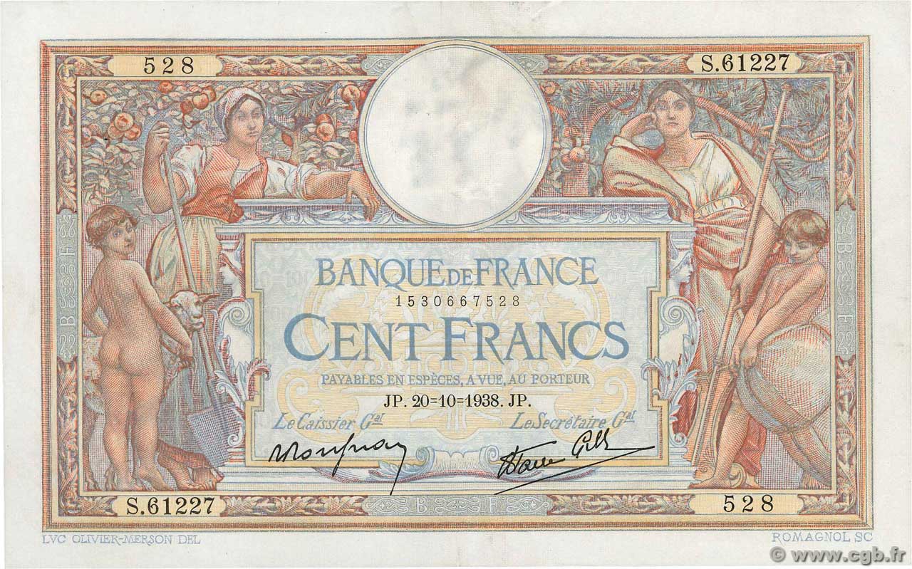 100 Francs LUC OLIVIER MERSON type modifié FRANKREICH  1938 F.25.32 VZ+