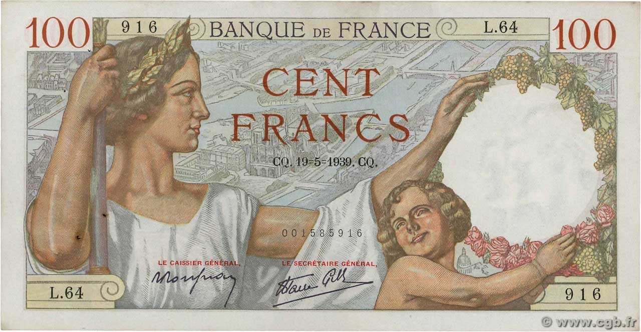 100 Francs SULLY FRANKREICH  1939 F.26.01 VZ