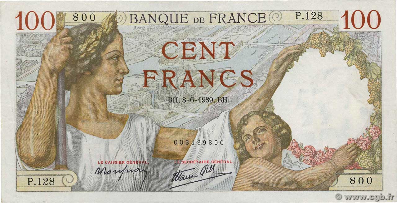 100 Francs SULLY FRANCE  1939 F.26.02 XF