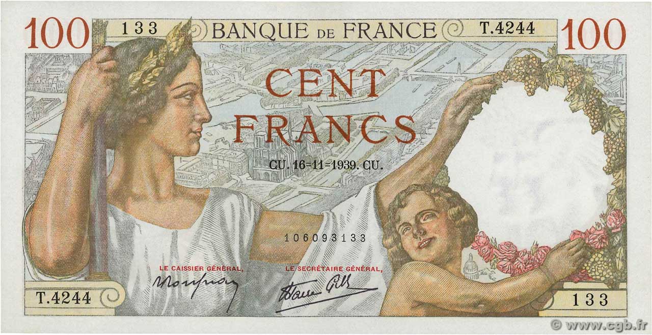 100 Francs SULLY FRANCIA  1939 F.26.15 q.FDC