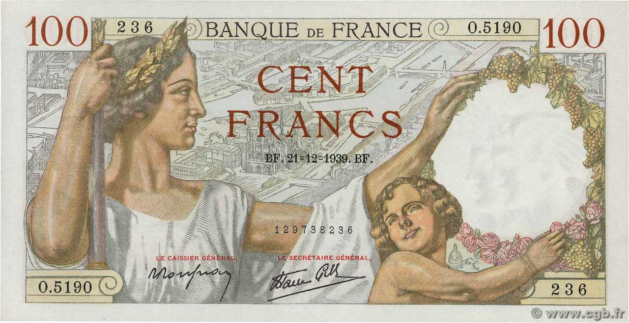 100 Francs SULLY FRANCE  1939 F.26.18 UNC-