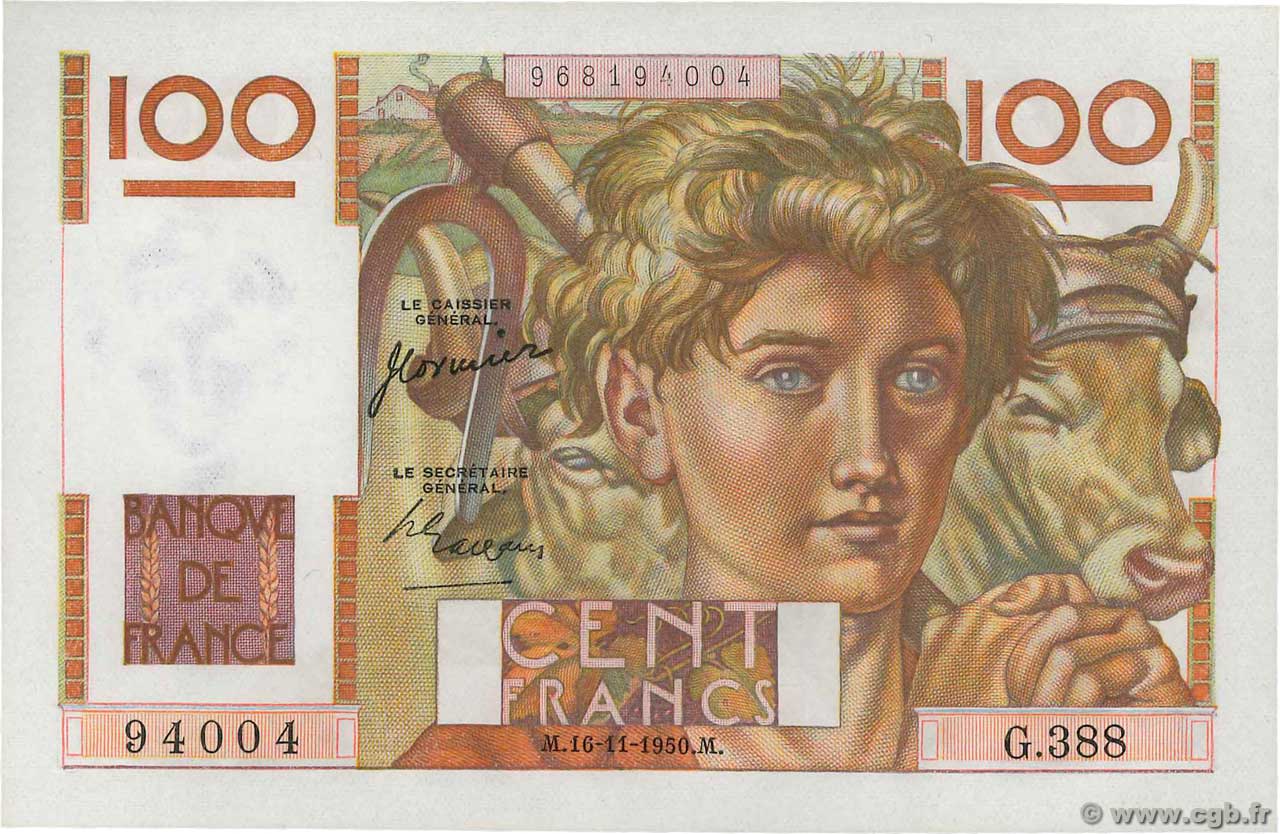 100 Francs JEUNE PAYSAN FRANCE  1950 F.28.28 UNC