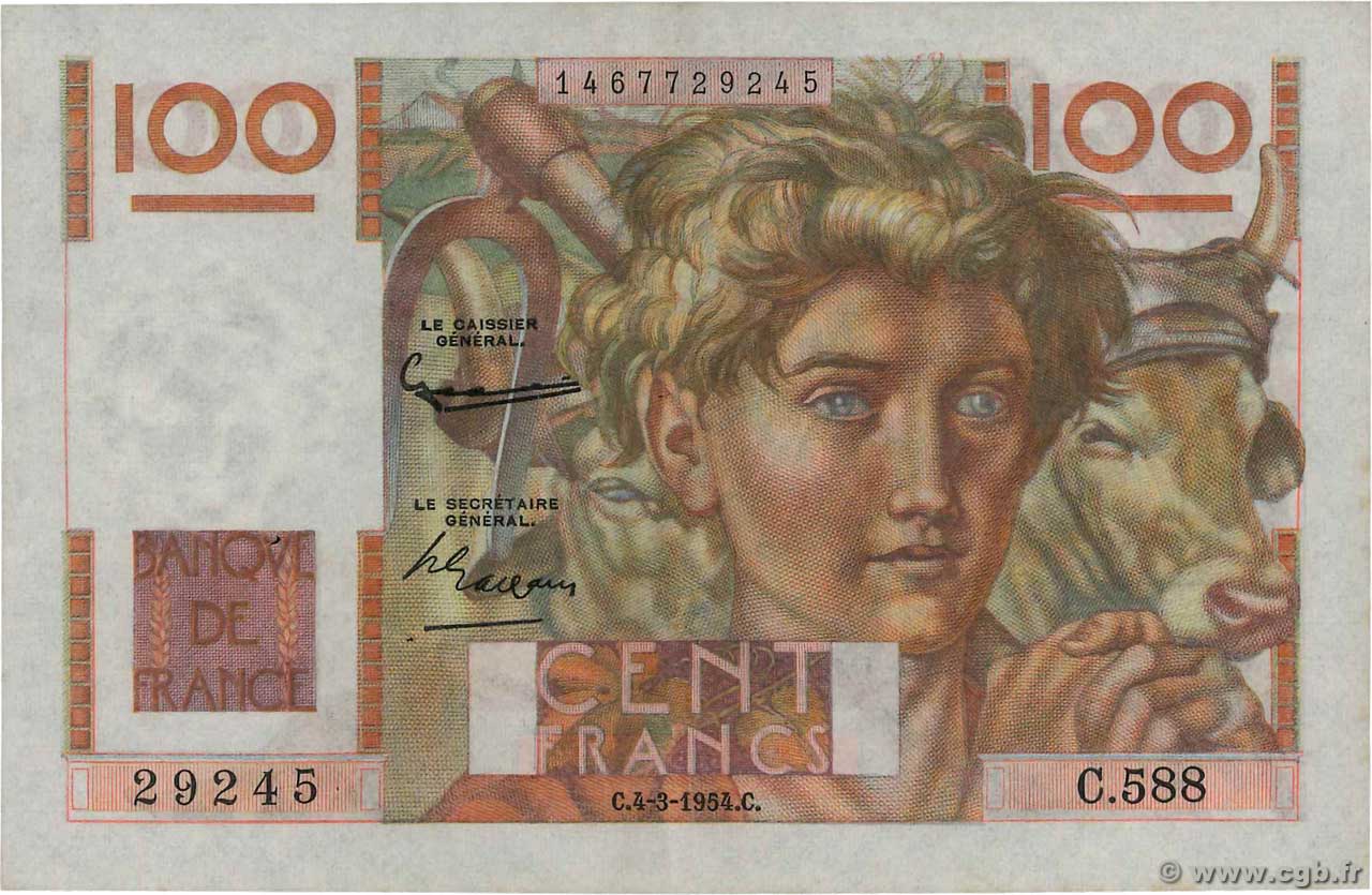 100 Francs JEUNE PAYSAN filigrane inversé FRANCE  1954 F.28bis.05 SUP+