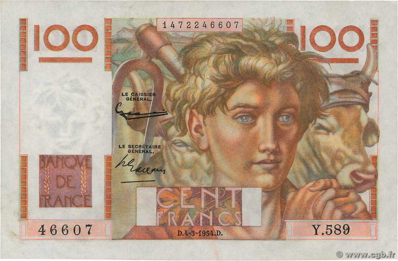100 Francs JEUNE PAYSAN filigrane inversé FRANCIA  1954 F.28bis.05 AU