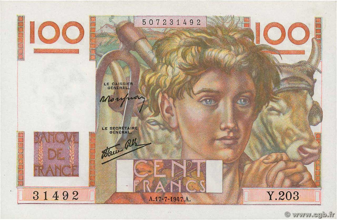 100 Francs JEUNE PAYSAN Favre-Gilly FRANCIA  1947 F.28ter.01 q.FDC