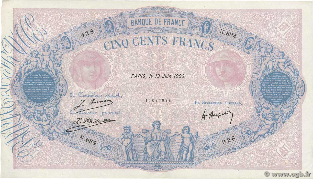 500 Francs BLEU ET ROSE FRANCE  1923 F.30.27 XF-