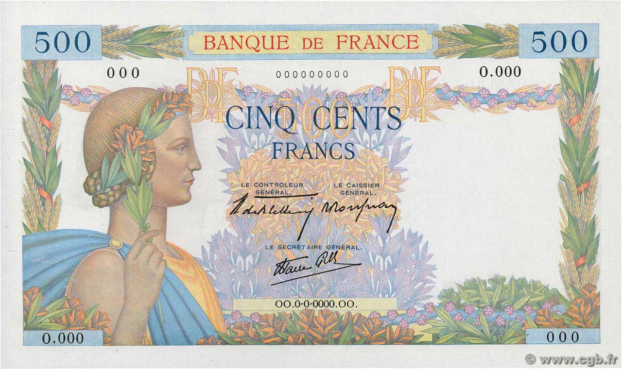 500 Francs LA PAIX Épreuve FRANKREICH  1940 F.32.00Ed1 fST