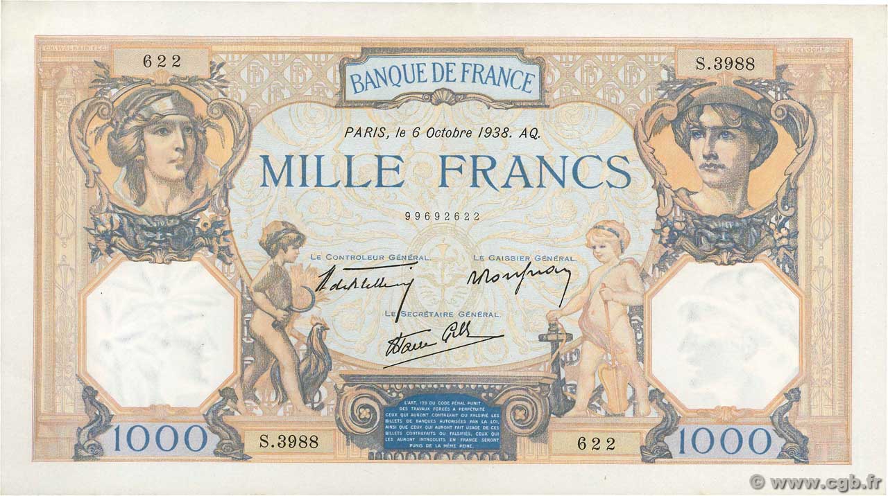 1000 Francs CÉRÈS ET MERCURE type modifié FRANCIA  1938 F.38.28 q.FDC