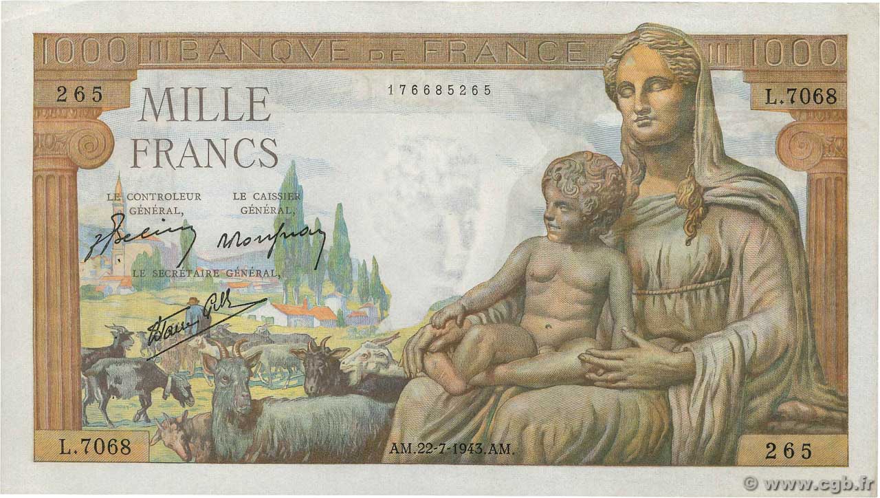 1000 Francs DÉESSE DÉMÉTER FRANKREICH  1943 F.40.31 fST