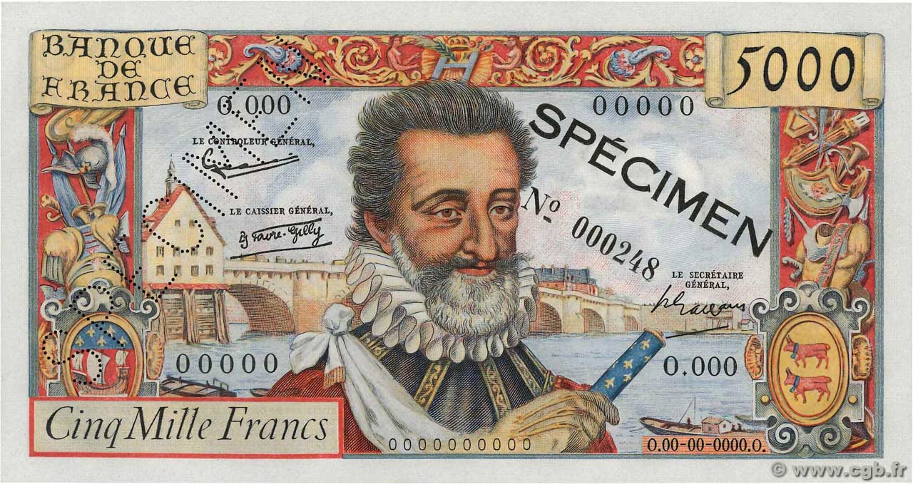 5000 Francs HENRI IV Spécimen FRANCE  1957 F.49.01Spn pr.NEUF