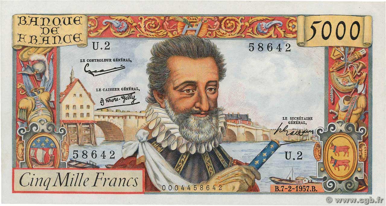 5000 Francs HENRI IV FRANCIA  1957 F.49.01 q.AU