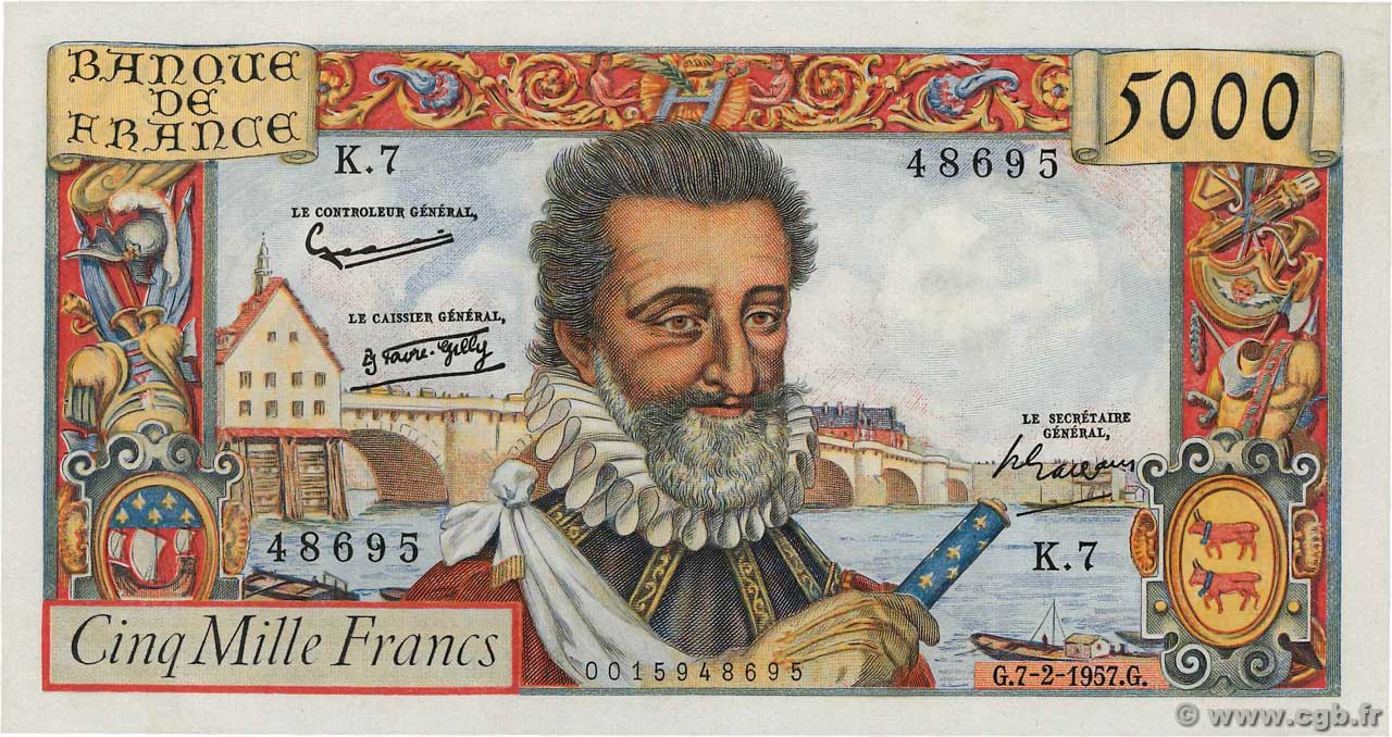 5000 Francs HENRI IV FRANKREICH  1957 F.49.01 fST