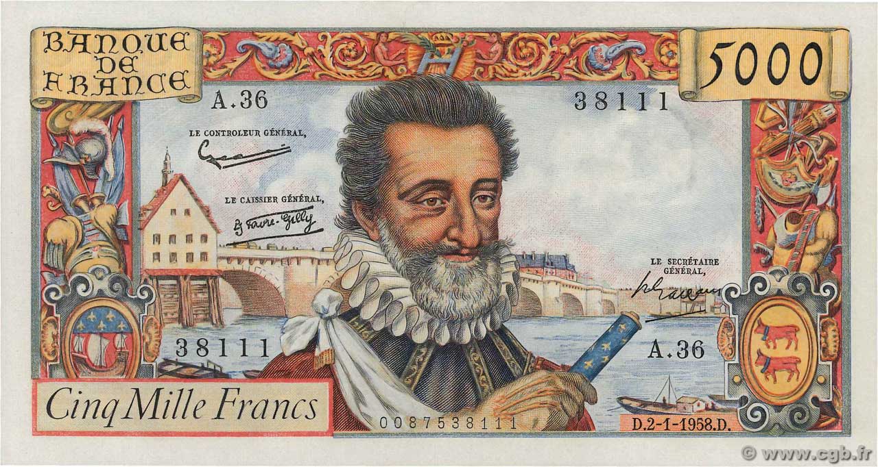 5000 Francs HENRI IV FRANCE  1958 F.49.05 UNC-