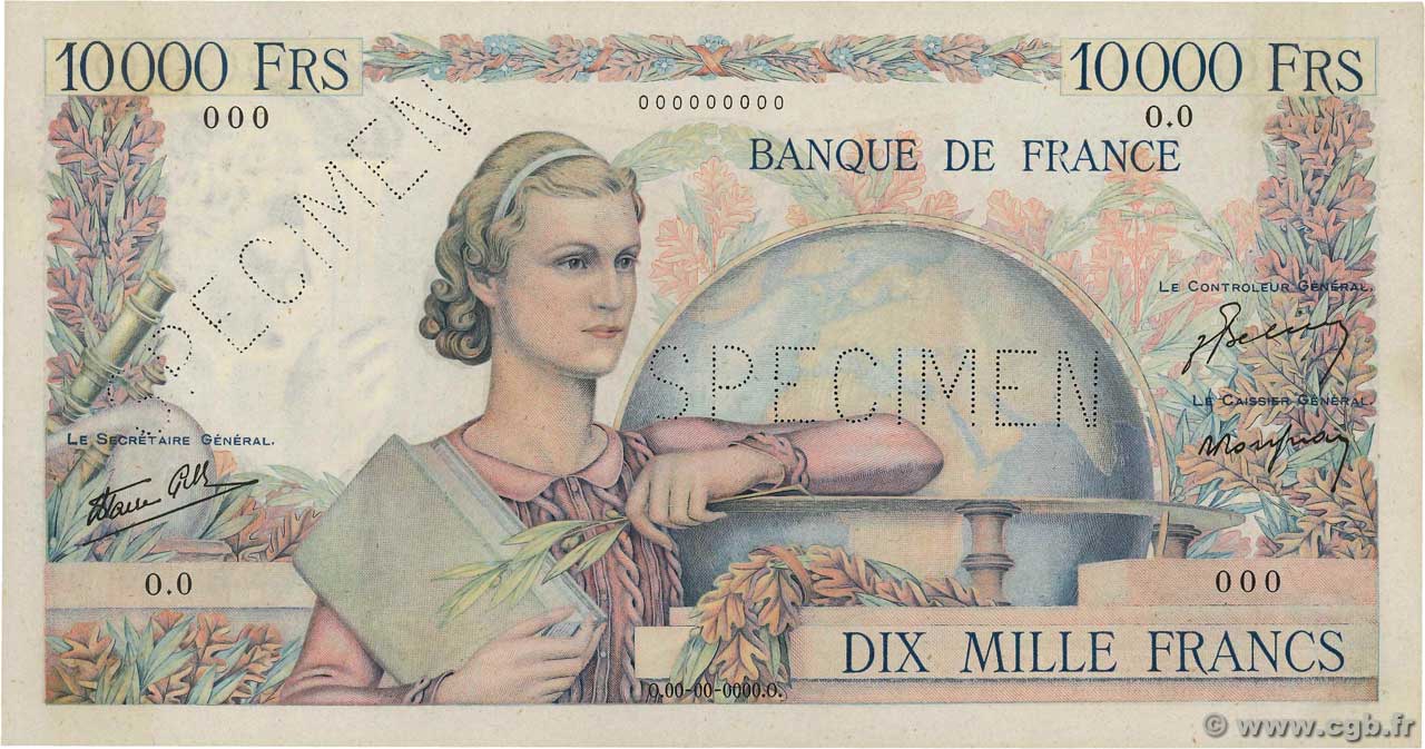 10000 Francs GÉNIE FRANÇAIS Spécimen FRANCE  1945 F.50.01Sp AU+