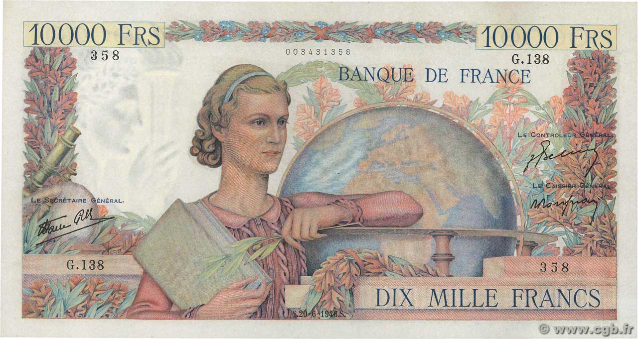 10000 Francs GÉNIE FRANÇAIS FRANKREICH  1946 F.50.06 VZ+