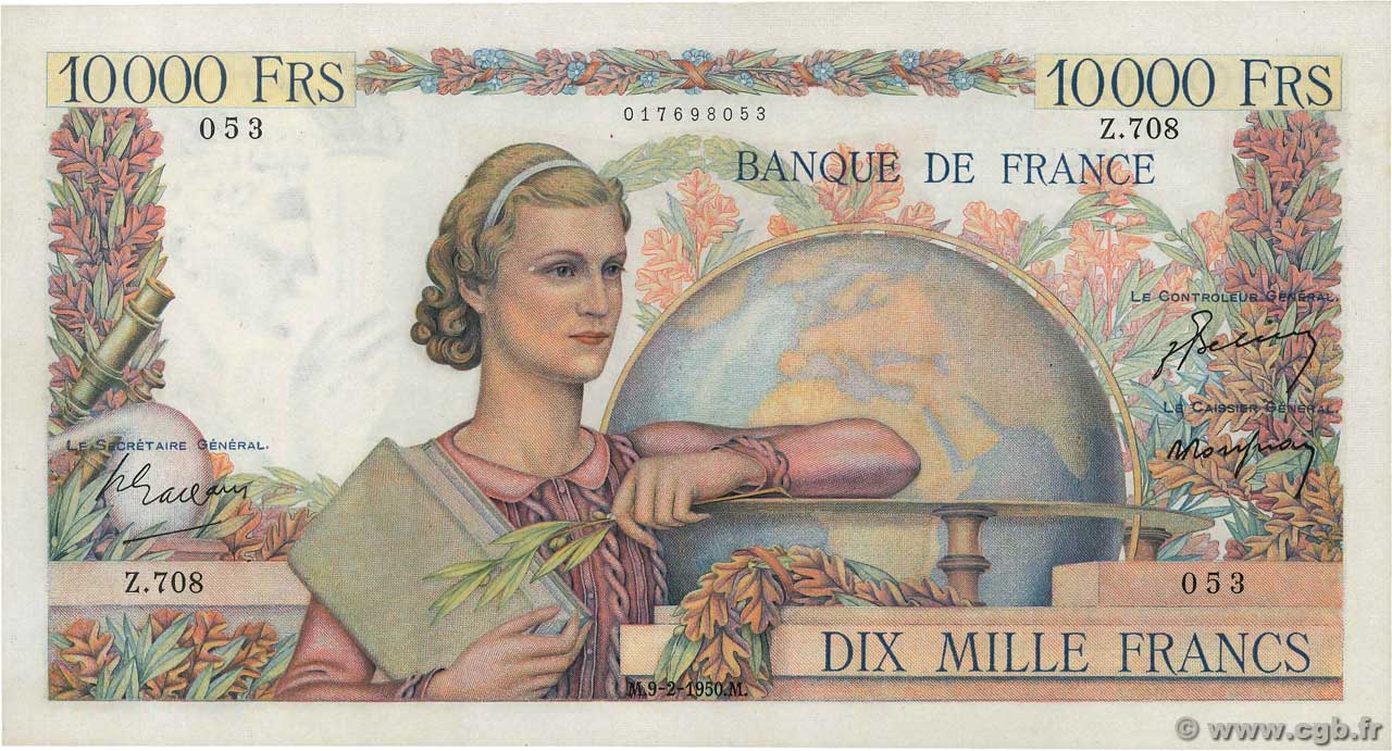 10000 Francs GÉNIE FRANÇAIS FRANCE  1950 F.50.30 XF+