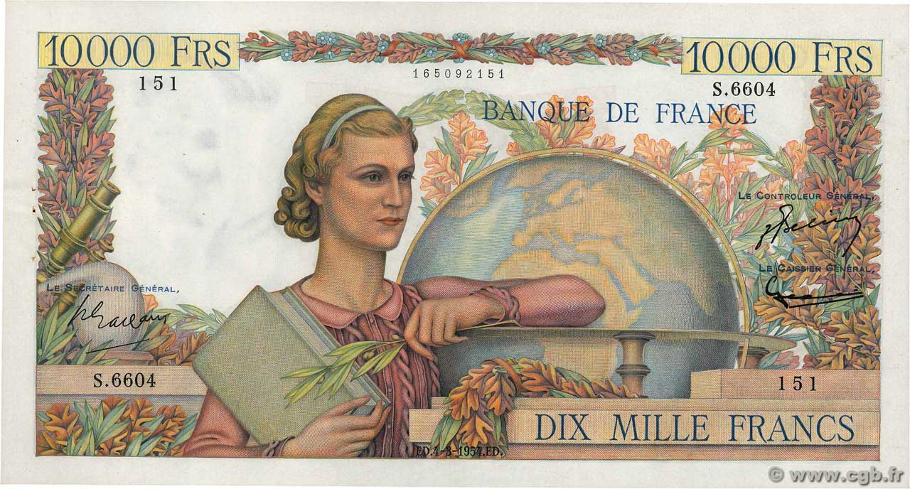 10000 Francs GÉNIE FRANÇAIS FRANCE  1954 F.50.70 XF+